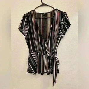 AUW Women’s Y2K V-neck Wrap‎ Around Black and White Striped Blouse Size M
